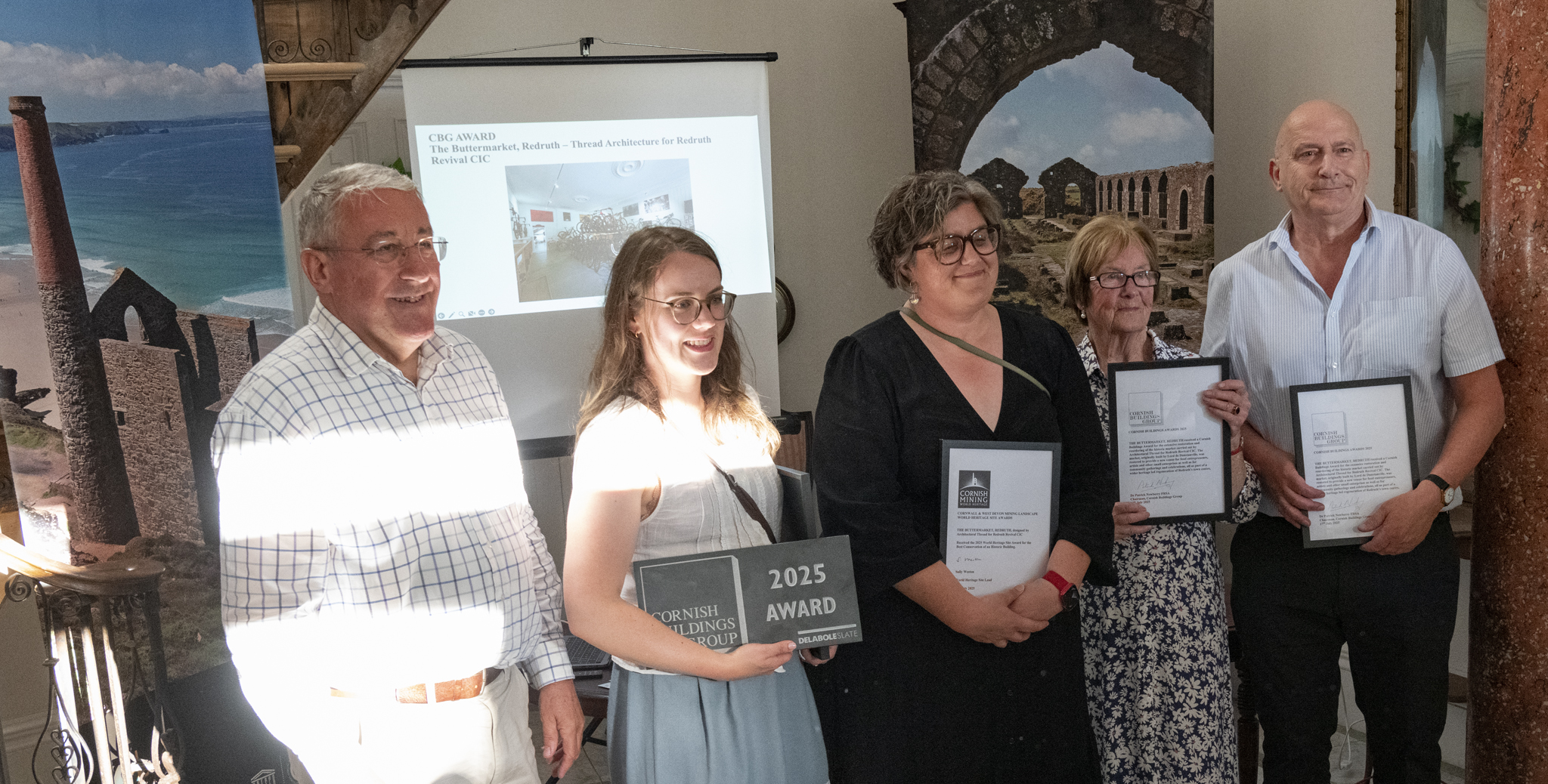 Representatives of Thread Architects and Redruth Revival receiving their awards from Patrick Newberry 